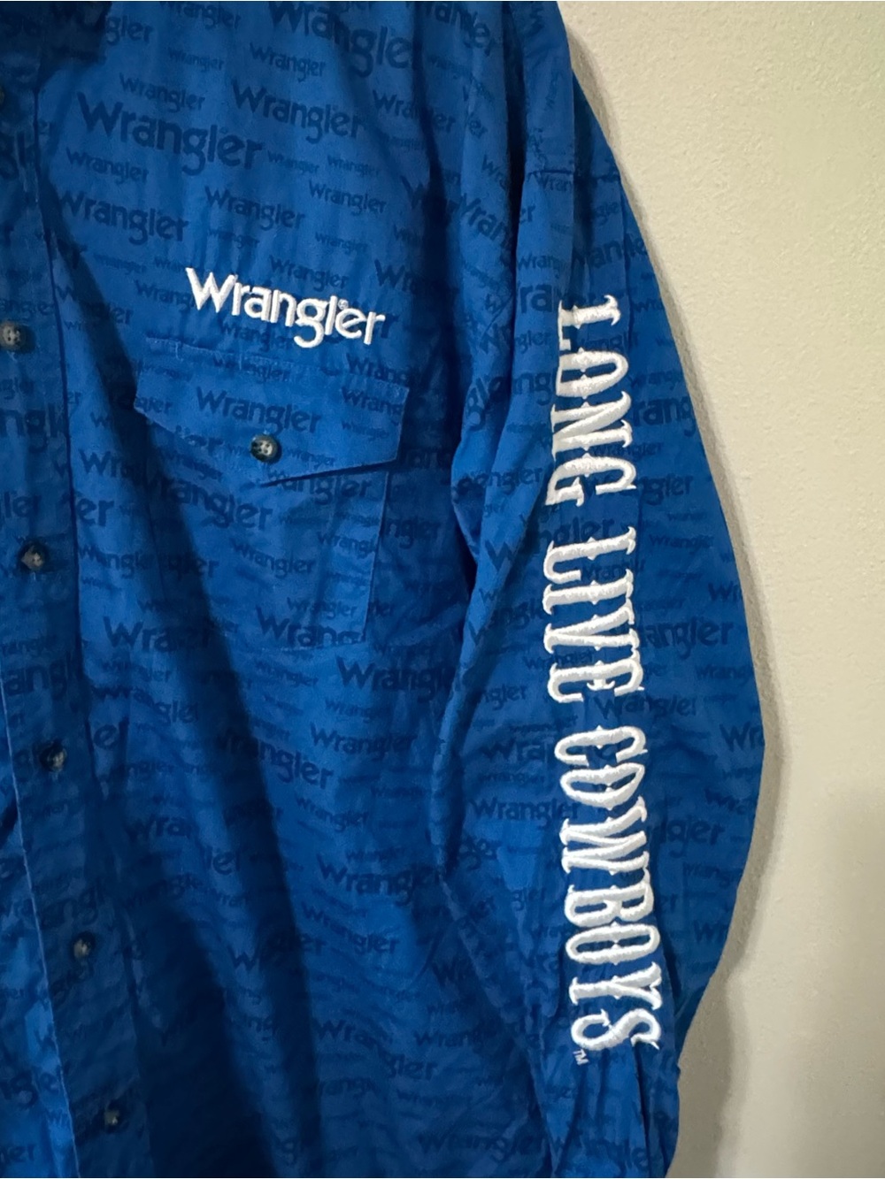 Wrangler Long Live Cowboys Embroidered Long Sleeve Button Down Shirt Blue-XLT - Picture 5 of 10